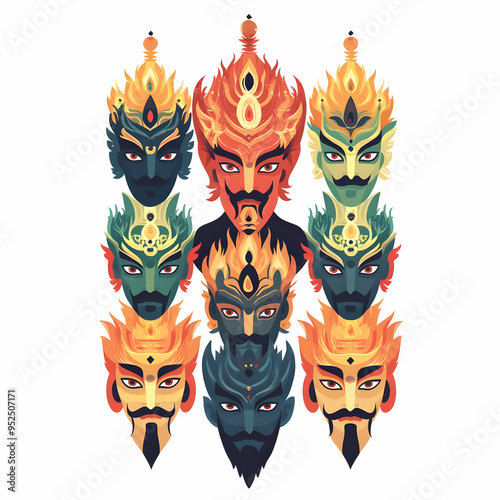 Flat Glowing Abstract Ravana Heads concept as A striking glowing abstract digital art showcasing the ten heads of Ravana each emitting a unique glow. Ideal for Dussehra themed banners and advertisemen photo