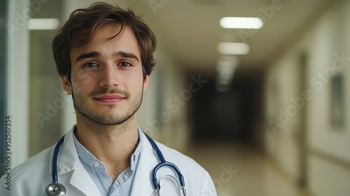 Portrait of a Male Doctor with a Stethoscope in a Hospital Corridor photo