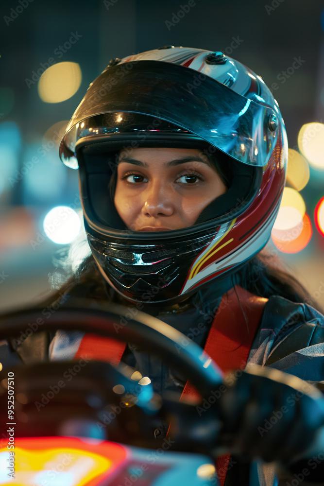 Closeup of Female Motorcyclist in Helmet at Night City with Blurred Lights Closeup of Female Motorcyclist in Helmet at Night City with Blurred Lights