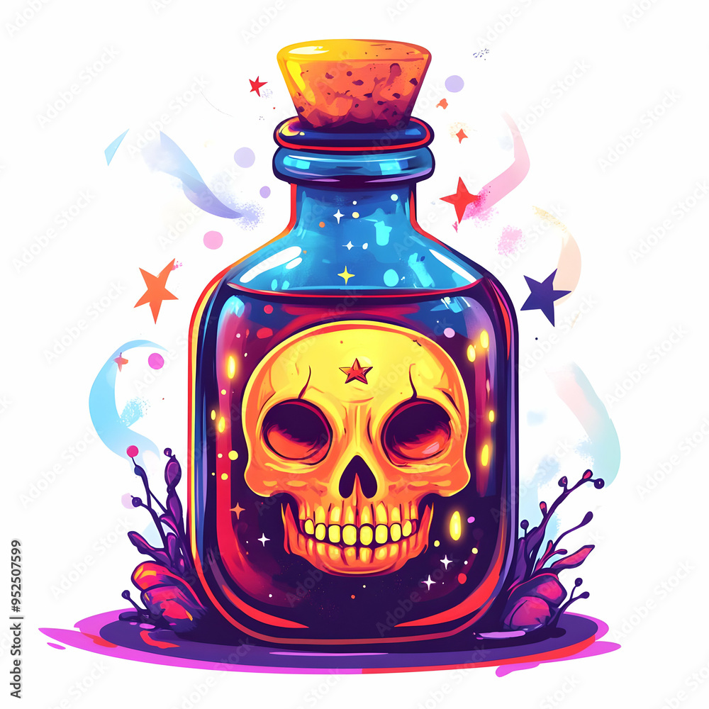 Flat Holographic Potion Bottle and Skull with Potion Text concept as A vibrant glowing holographic potion bottle and skull with the word Potion in a bold spooky font. The design is isolated on a white Flat Holographic Potion Bottle and Skull with Potion Text concept as A vibrant glowing holographic potion bottle and skull with the word Potion in a bold spooky font. The design is isolated on a white