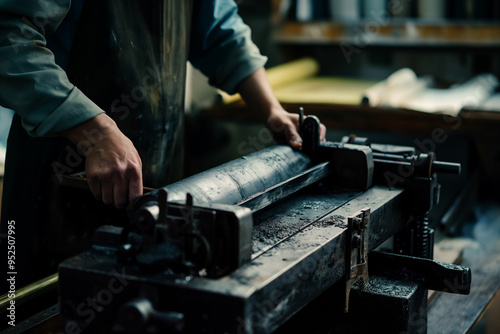 Artisan at Work Hands Operating Industrial Printing Press in Workshop photo