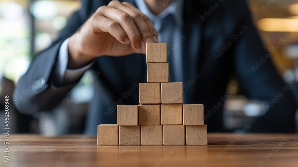 Businessperson placing wooden block on top of tower structure. Businessperson placing wooden block on top of tower structure.