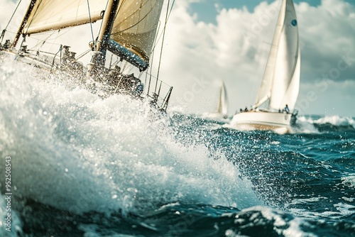 Dynamic sailboat race with splashing water