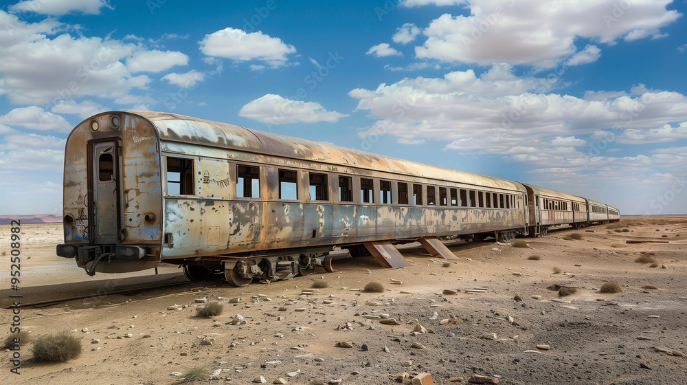 An old, rusty train abandoned in a desert landscape under a bright, cloudy sky. An old, rusty train abandoned in a desert landscape under a bright, cloudy sky.