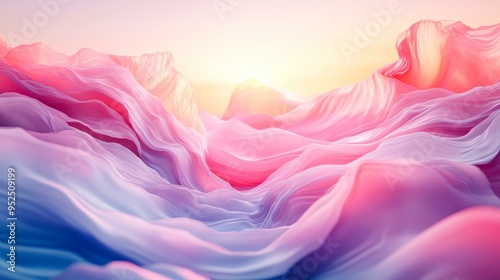 Dreamy pastel landscape with flowing, abstract shapes in pink, purple, and blue tones ideal for backgrounds, artistic projects, or promotional materials emphasizing creativity and tranquility,