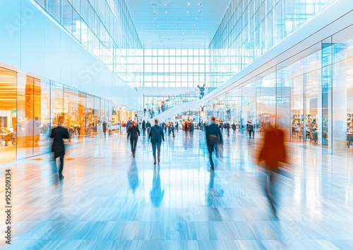 A bustling, modern office lobby with glass walls and reflective floors, filled with motion-blurred figures ideal for illustrating corporate environments, business activities