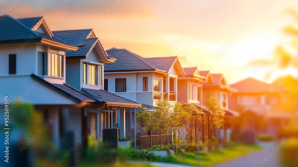 A serene neighborhood at sunset, showcasing modern houses and lush greenery. A serene neighborhood at sunset, showcasing modern houses and lush greenery.