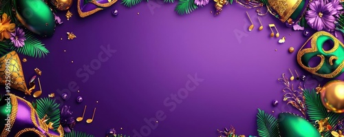 Vibrant decorative frame for celebrations featuring masks, beads, and musical notes on a rich purple background. photo