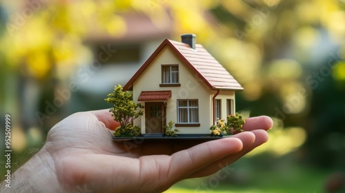 A hand holding a miniature house model surrounded by greenery, symbolizing home ownership and real estate.