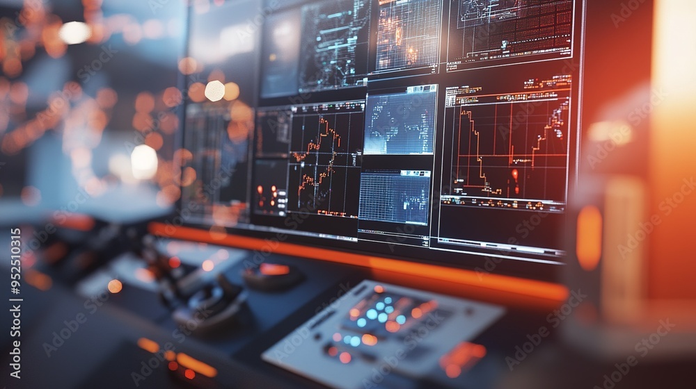 Advanced trading setup with multiple screens displaying market data in a modern workspace during the evening hours Advanced trading setup with multiple screens displaying market data in a modern workspace during the evening hours