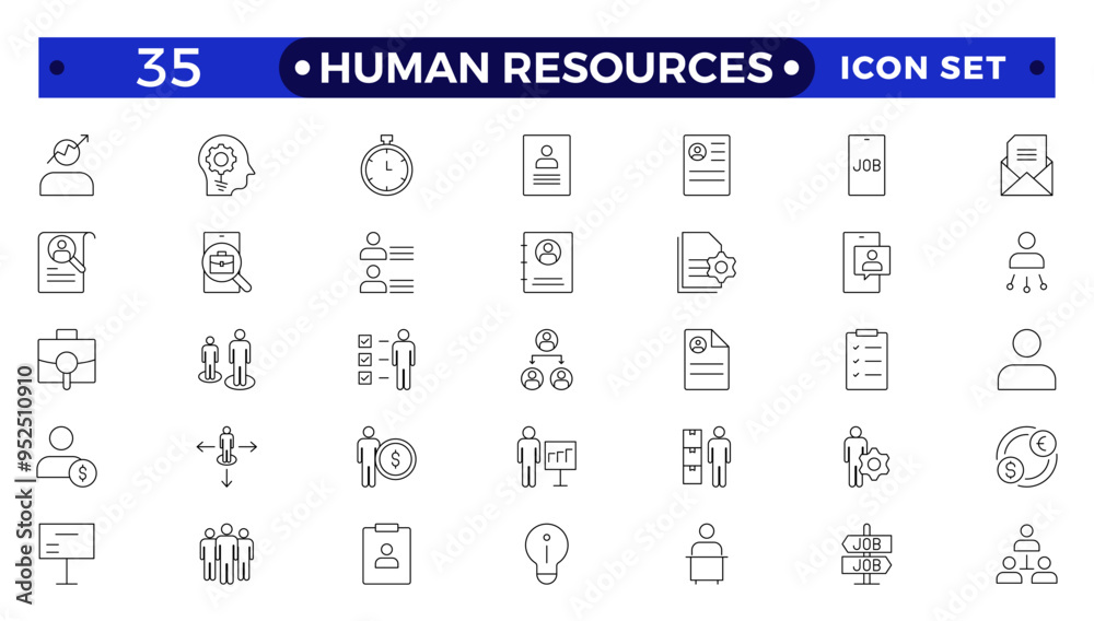 Set of outline icons related to HR, Human Resources, Recruitment, Employment, business, office, company, management. Linear icon collection. Set of outline icons related to HR, Human Resources, Recruitment, Employment, business, office, company, management. Linear icon collection.