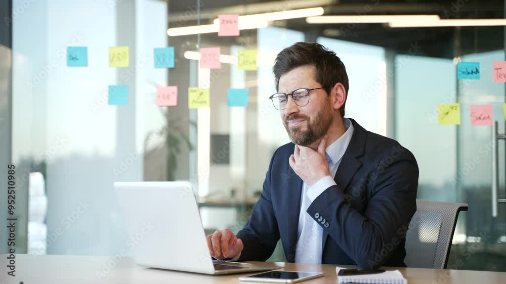 A sick businessman in a formal suit suffering from a sore throat while working on a laptop sitting at a workplace in a business office. A man worker has a cold, virus or flu, massaging a sore spot A sick businessman in a formal suit suffering from a sore throat while working on a laptop sitting at a workplace in a business office. A man worker has a cold, virus or flu, massaging a sore spot