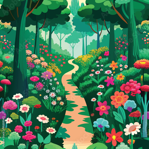 Colorful flower vector illustration. beautiful nature scenery flowers and trees with roadside