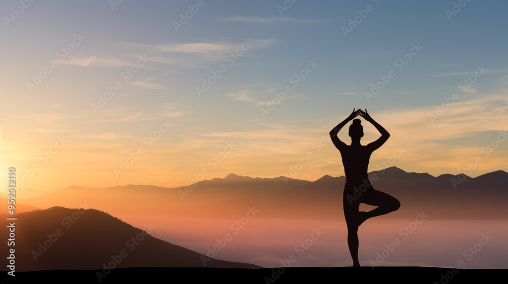 Silhouette Of Woman Practicing Yoga Tree Pose At Sunrise Over Misty Mountain Range Silhouette Of Woman Practicing Yoga Tree Pose At Sunrise Over Misty Mountain Range