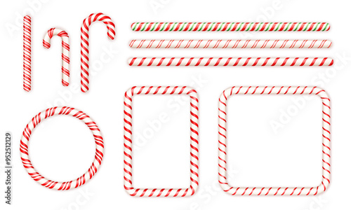 Realistic 3D candy cane Christmas vector set design. Straight, round, square frame. New year decoration elements collection.