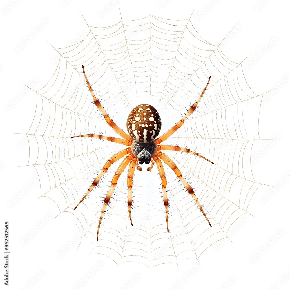 Obraz premium Detailed of a Delicate Spider Web with the Arachnid Inhabitant Centered on a Pure White Background Showcasing the Intricate Geometry and Organic Elegance of This Natural Structure