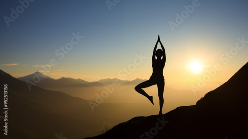 Silhouette Of Woman In Yoga Tree Pose On Mountain Cliff At Sunrise