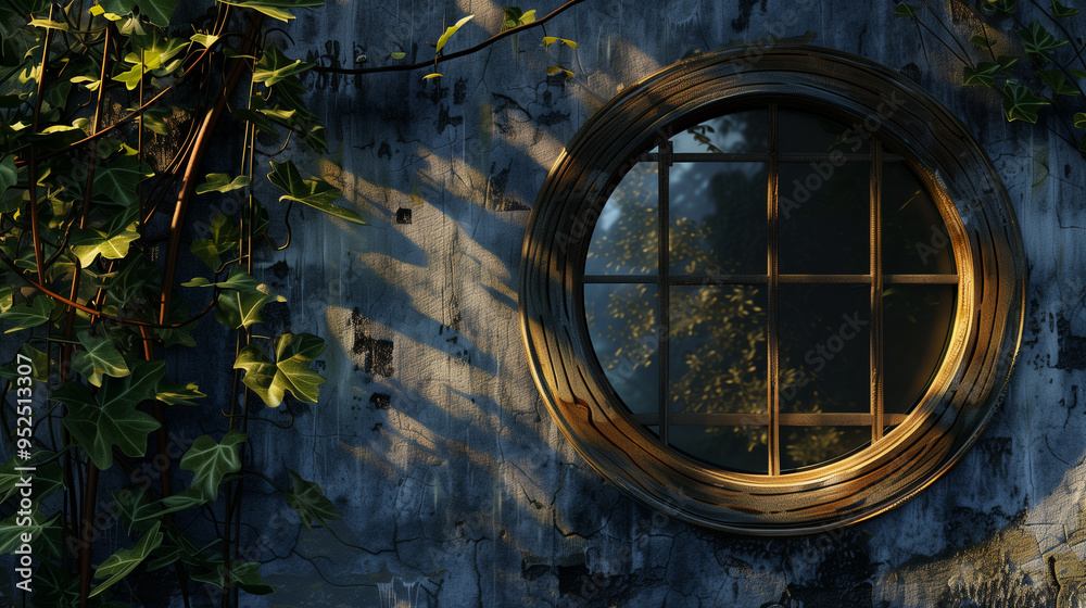 Obraz premium Round window on weathered wall with climbing ivy plants illuminated by sunlight, casting intricate shadows and creating a serene atmosphere.