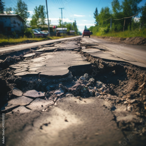 Crumbling Road: A solitary car navigates a treacherous stretch of road, its tires struggling to grip the cracked and broken asphalt. The journey ahead is uncertain, highlighting the challenges of infr photo