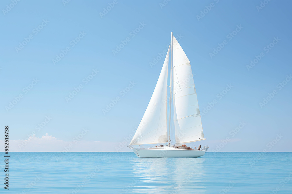 Sailboat Serenity: A graceful white sailboat glides across the turquoise waters, its sails billowing in the gentle breeze, under a boundless blue sky. The image evokes a sense of calm and peace, a pe Sailboat Serenity: A graceful white sailboat glides across the turquoise waters, its sails billowing in the gentle breeze, under a boundless blue sky. The image evokes a sense of calm and peace, a pe