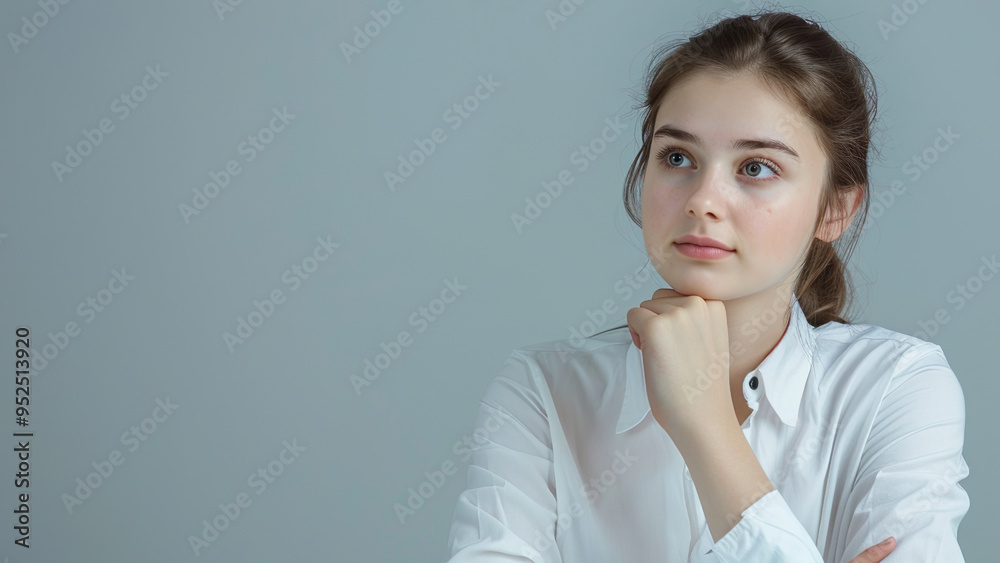 Caucasian business lady in white shirt with folded hands at office desk isolated on gray background. copy space Caucasian business lady in white shirt with folded hands at office desk isolated on gray background. copy space