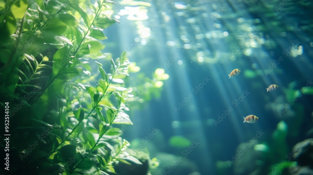 Fototapeta premium Underwater scene with sunlight filtering through water, illuminating aquatic plants and fish.