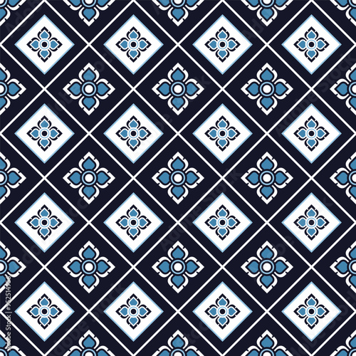 Blue floral pattern on navy background. Seamless tile design with diamond grid and stylized flowers. Vintage-inspired pattern for textiles, decor, or digital projects. Elegant blue pattern.