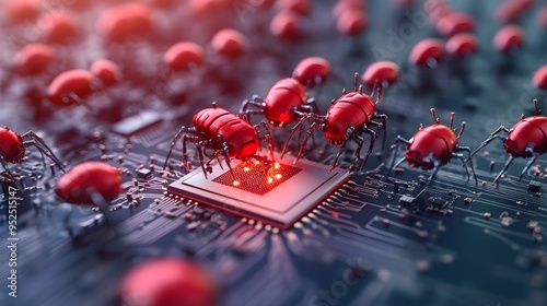 Precision Repair: Swarm of Nanobots Fixing a Broken Circuit Board, Captured in Dramatic Lighting with a Macro Shot photo