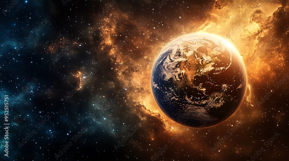 Naklejka premium Celestial Symphony: Earth with Swirling Clouds Bathed in Sunlight amid a Star-Filled Space and High-Contrast Lighting