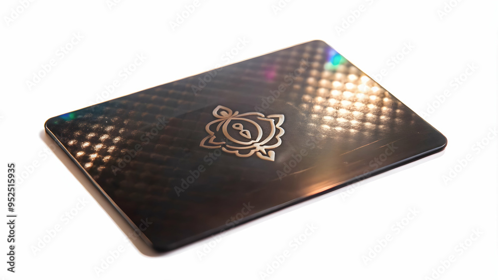 Flat Holographic card with Labh Pancham symbol and copy space concept as A floating holographic card displaying the Labh Pancham symbol on its glossy surface isolated against a white background. The c Flat Holographic card with Labh Pancham symbol and copy space concept as A floating holographic card displaying the Labh Pancham symbol on its glossy surface isolated against a white background. The c