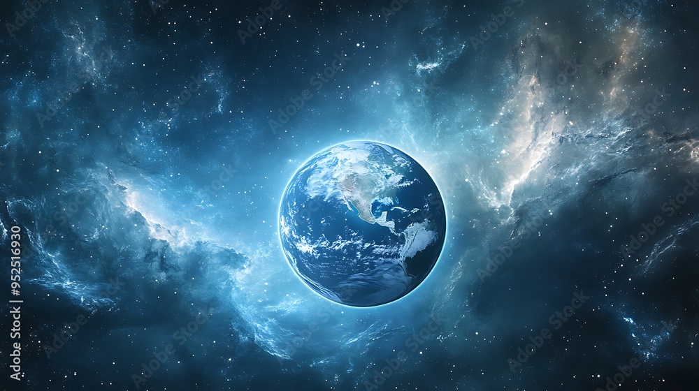 Naklejka premium Majestic Earth with Polar Ice Caps, Swirling Clouds, and Glowing Atmosphere in Starry Space Background
