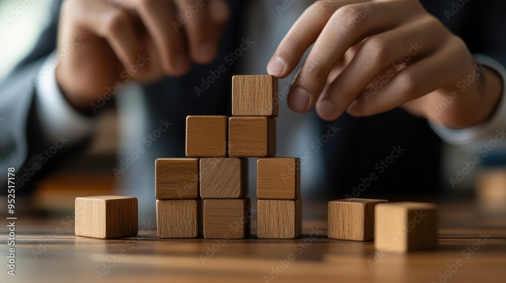 Hand placing wooden block on top of a tower on wooden table. Hand placing wooden block on top of a tower on wooden table.