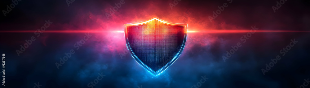 Fototapeta premium Holographic Arrow and Shield with Defense Text concept as A bold photo featuring a glowing holographic arrow and shield symbolizing the defense against evil during Dussehra. The design includes ample 