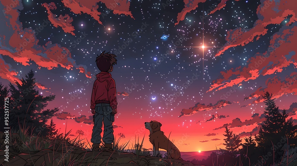 Fototapeta premium A cartoon of a boy and his dog stargazing from a hill, the dog’s eyes reflecting the sparkling stars above, the boy enthusiastically pointing out constellations,