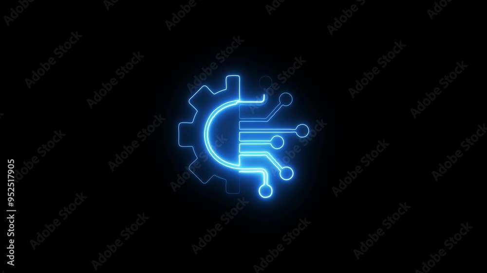 Processor with artificial intelligence AI with Glowing neon gears icon on black background.technology CPU icon isolated . Processor with artificial intelligence AI with Glowing neon gears icon on black background.technology CPU icon isolated .