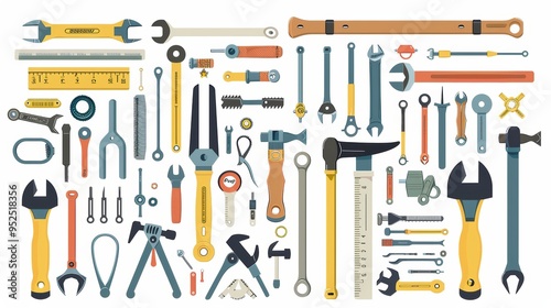 A flat vector illustration of various tools, including hammers and hand saws, arranged in an organized manner on the white background photo