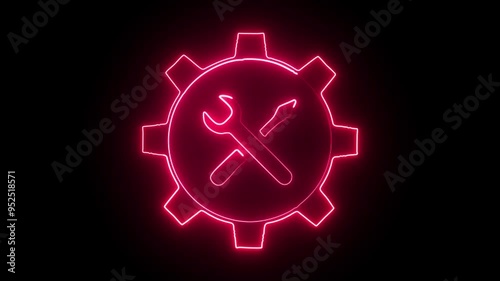 Glowing neon line Wrench and screwdriver in gear icon isolated on black background. Adjusting, service, setting, maintenance, repair, fixing. 4K Video motion photo