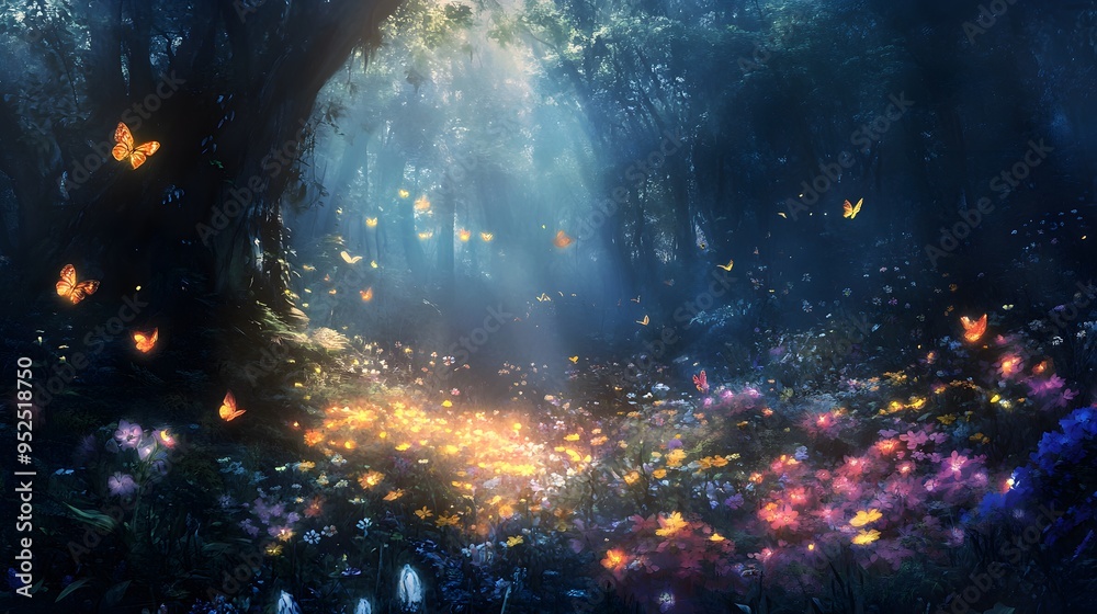 Naklejka premium Enchanted forest dreamlike atmosphere glowing flowers mystical ethereal creatures