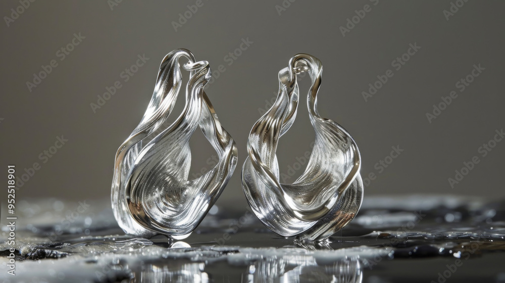 Close-up of silver earrings designed to mimic the fluidity of molten metal, featuring intricate, swirling shapes. Close-up of silver earrings designed to mimic the fluidity of molten metal, featuring intricate, swirling shapes.