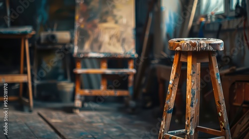 A worn-out wooden stool in an artist's studio, surrounded by paintbrushes and canvases, symbolizing the dedication of a creative artist to his work