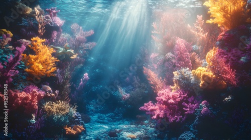 Colorful underwater scene with mermaids coral gardens and sunbeams shining through the water Vivid and fantastical with fluid shapes realistic 3D marine life