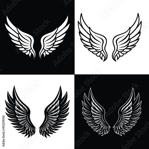 Monochrome Wing Vector Set | 4 Intricate Black and White Wing Designs for Tattoos & Graphic Projects