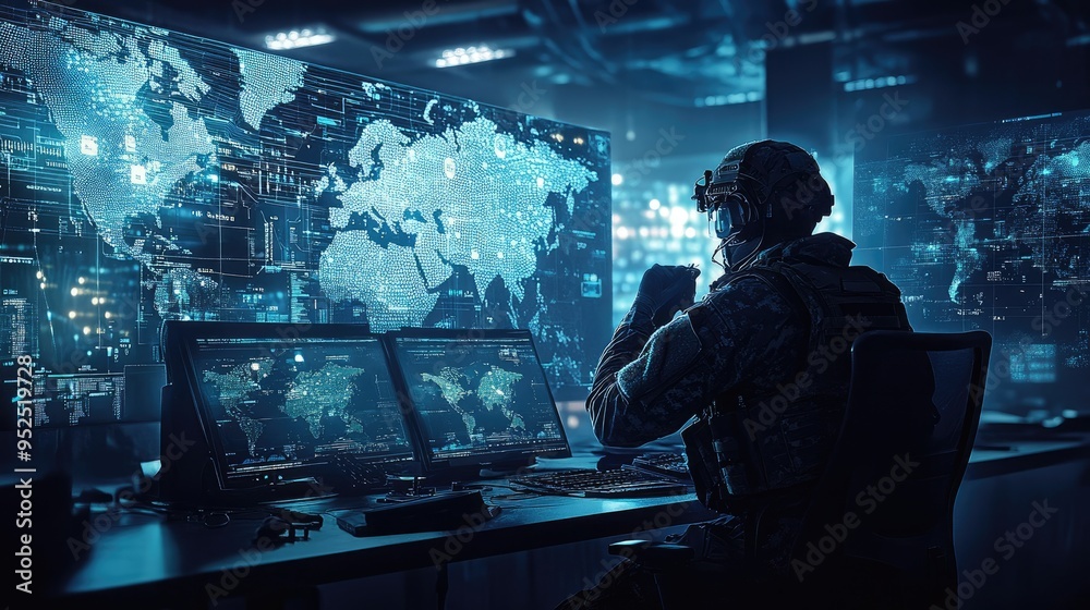 Obraz premium Tactical operations in a modern war room, featuring a soldier coordinating with digital maps and advanced technology