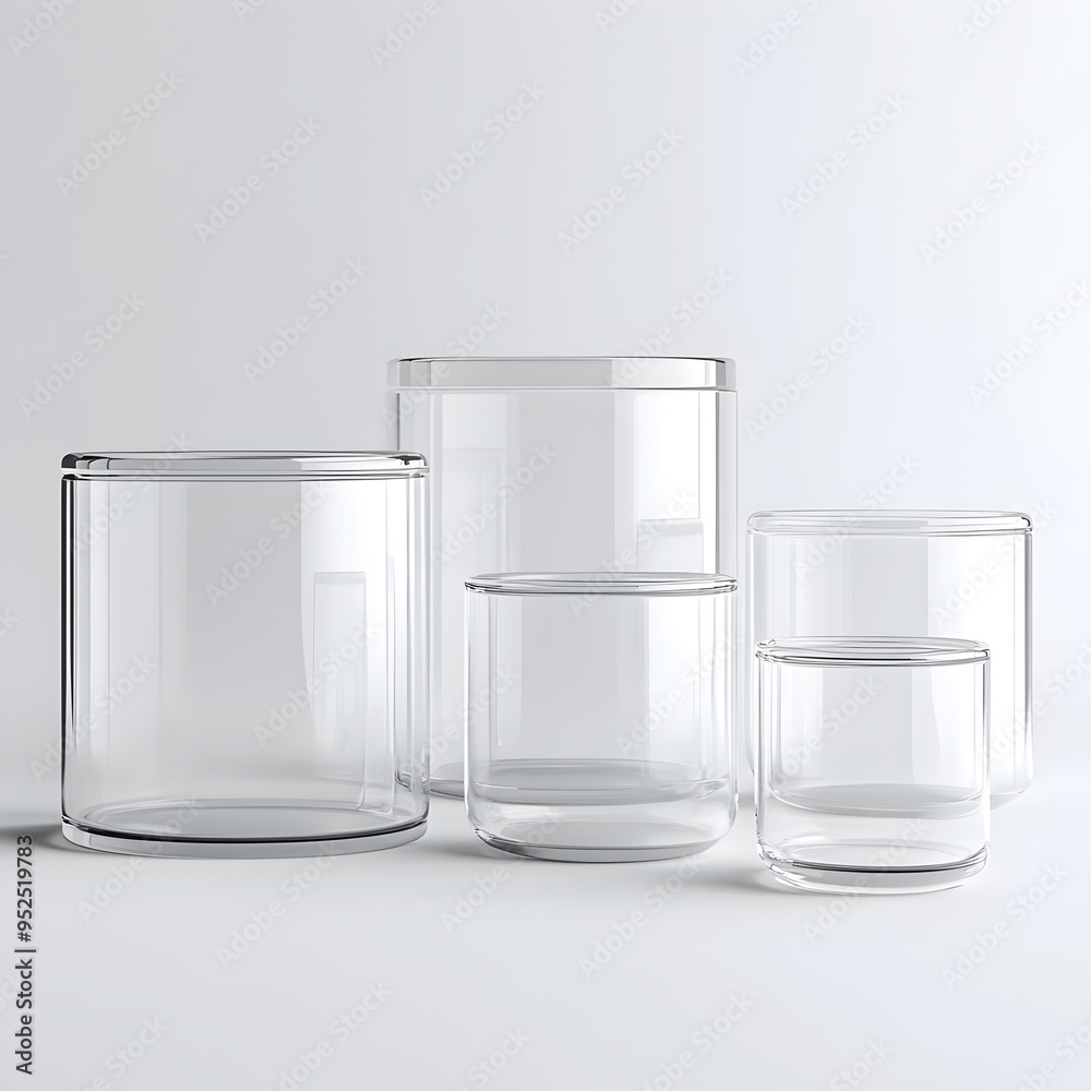 A Set of Transparent Glass Storage Containers Arranged on a Clean White Background Showcasing Their Minimalist Design A Set of Transparent Glass Storage Containers Arranged on a Clean White Background Showcasing Their Minimalist Design