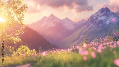 A serene landscape featuring mountains, blooming flowers, and soft sunlight, evoking tranquility and natural beauty.