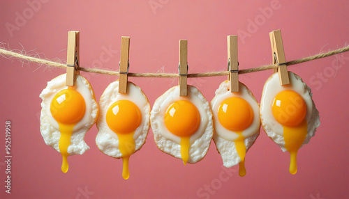 Five fried eggs hanging on clothesline with clothespins on pink background