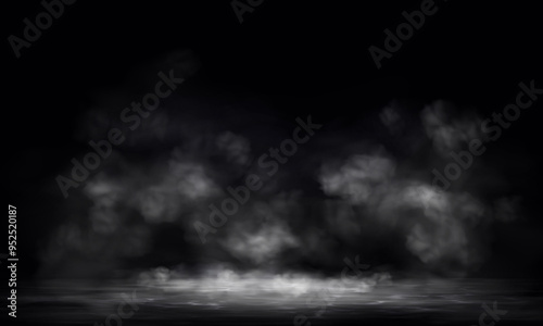 Realistic white clouds on dark water surface. Smoke, fog, dust, smog vector 3D effect. Mystery magic elements.