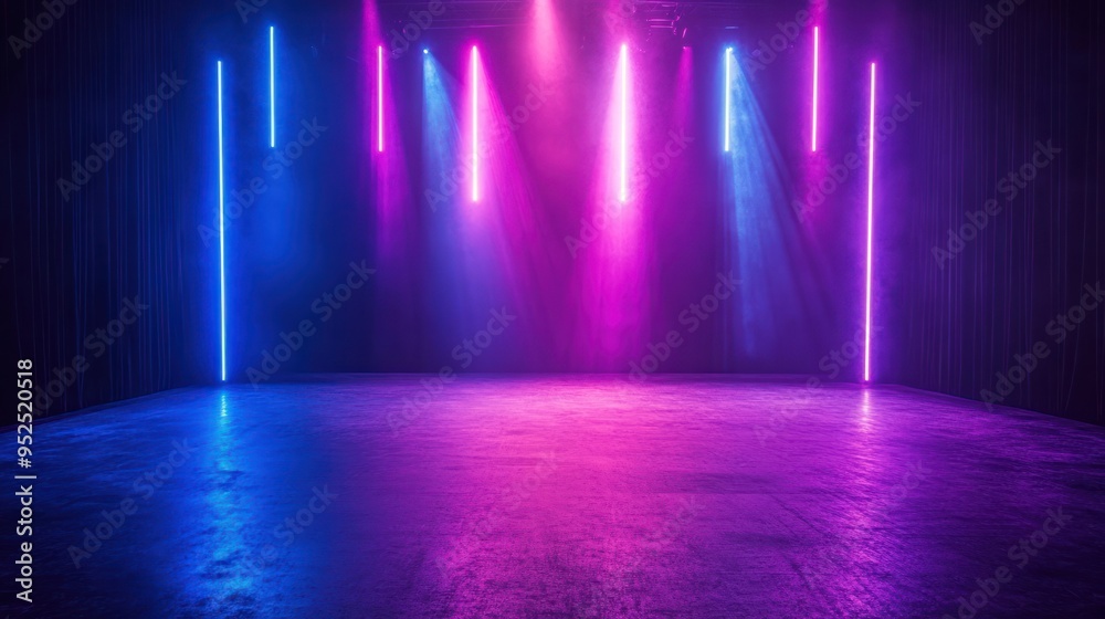 Obraz premium Empty Stage Illuminated by Neon Lights and Smoke