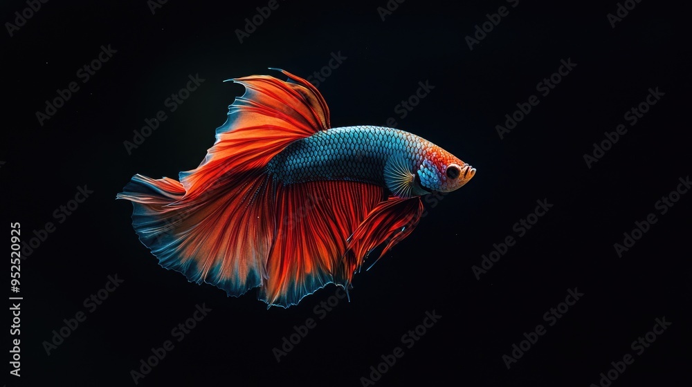 The striking colors of a Halfmoon Betta, gracefully swimming against a black background The striking colors of a Halfmoon Betta, gracefully swimming against a black background