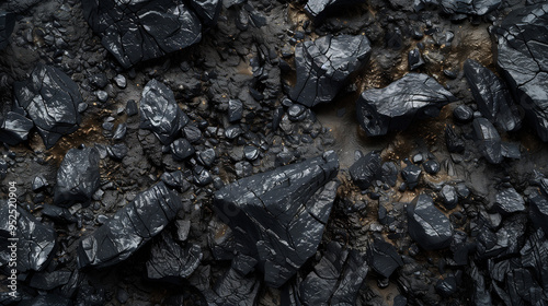 Close-up view of jagged black rocks and boulders with rugged texture, creating a stark and dramatic landscape.